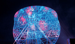 The Lovell Telescope during the bluedot Festival at Jodrell Bank Observatory.