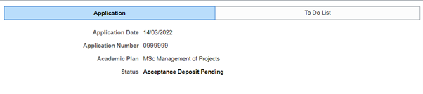 A screenshot of the 'applicant self-service' page, showing, the status of the application as: acceptance deposit pending.