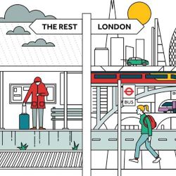 A cartoon depicting London transport infrastructure compared to the rest of the UKs. 