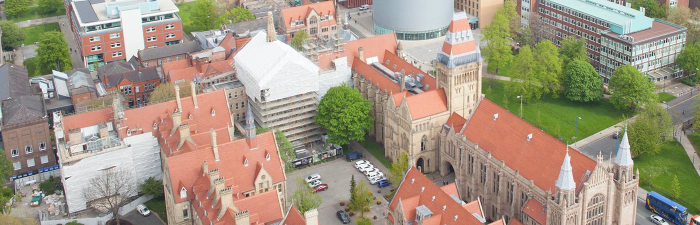 Aerial view of conservation work being undertaken on buildings