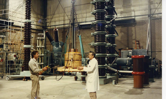 Moving equipment for test within the HV laboratory in the 1980s