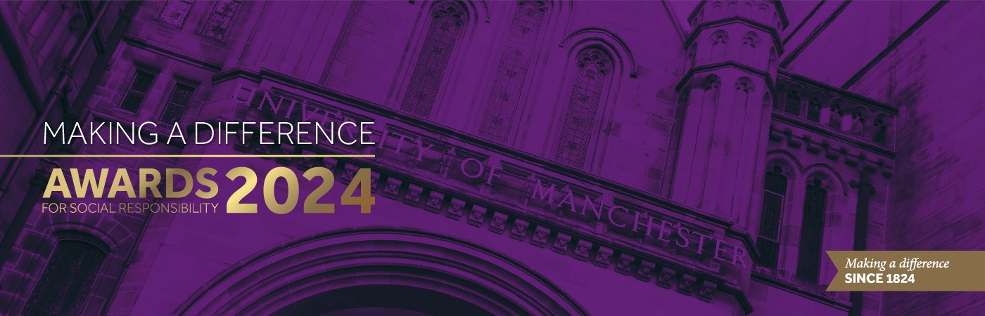 A close up of the John Owens building at the University of Manchester with a purple filter. Making a Difference Awards  For Social Responsibility 2024.